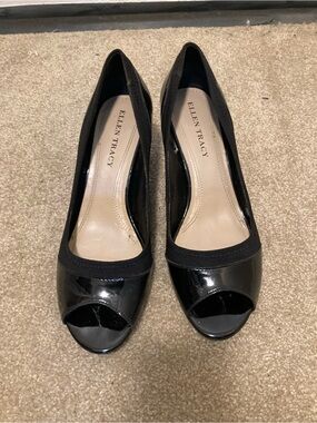 Ellen Tracy Black Patent Peep-Toe Heels